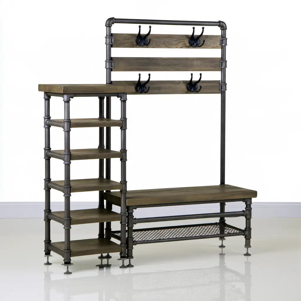 Appendiabiti con panca e ripiani dal design essenziale, marrone e nero, per la casa