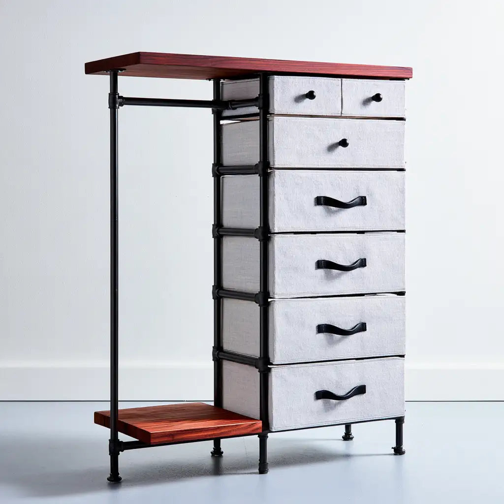Armadio aperto con cassetti dalle linee moderne, nero e bianco, per la casa