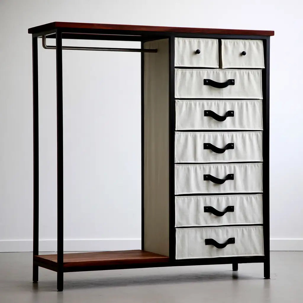 Armadio aperto con cassetti dal design essenziale, nero e bianco, per la casa