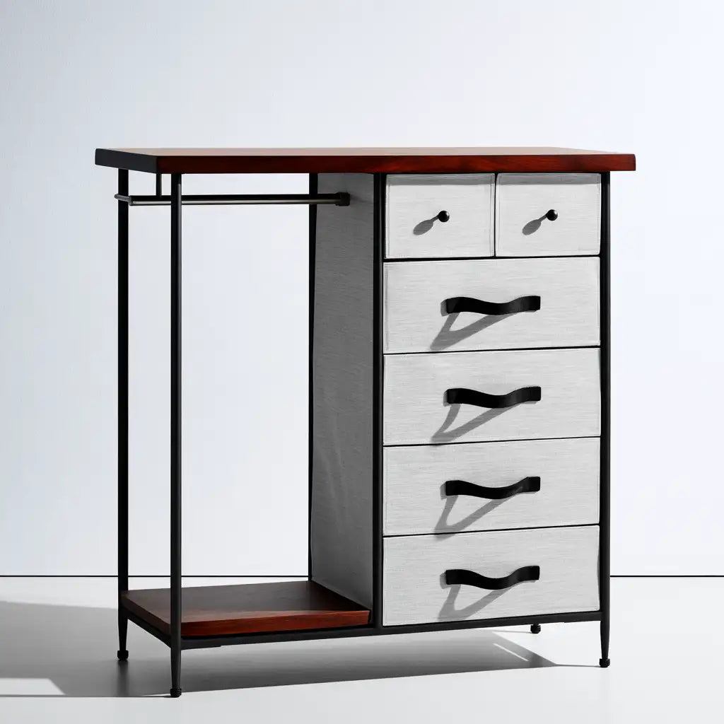 Armadio aperto con cassetti dalle linee moderne, nero e bianco, per la casa