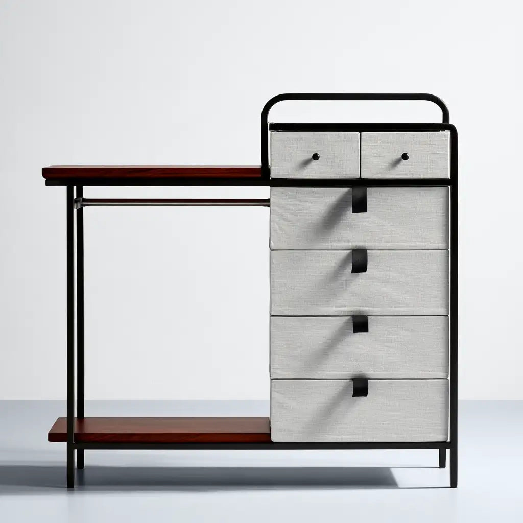 Armadio aperto con cassetti dal design essenziale, nero e bianco, per la casa