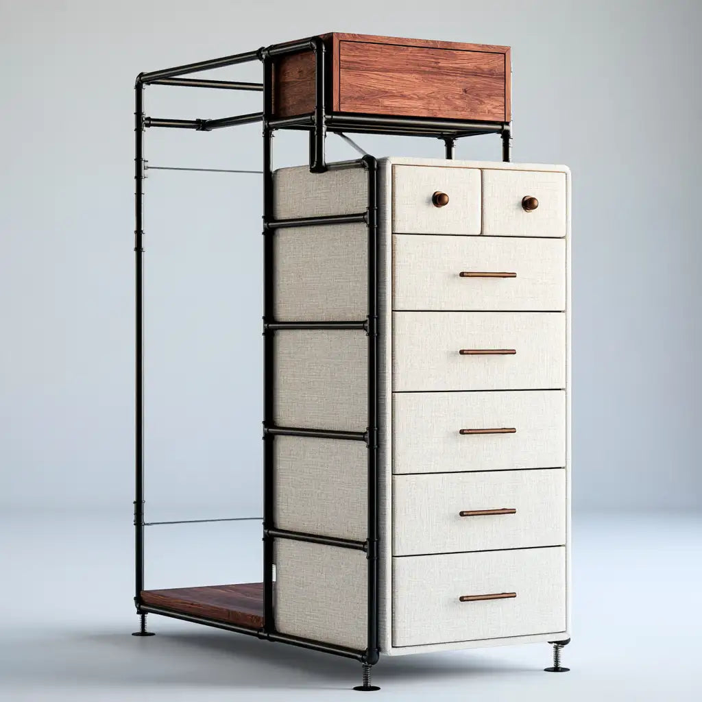 Armadio aperto con cassetti dal profilo contemporaneo, nero e bianco, per la casa