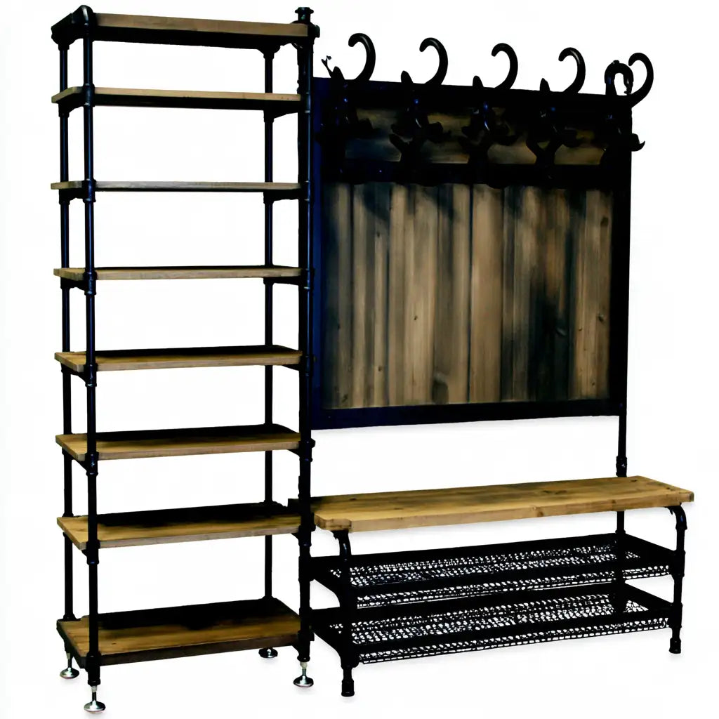 Appendiabiti con ripiani dal design essenziale, nero e marrone, per la casa