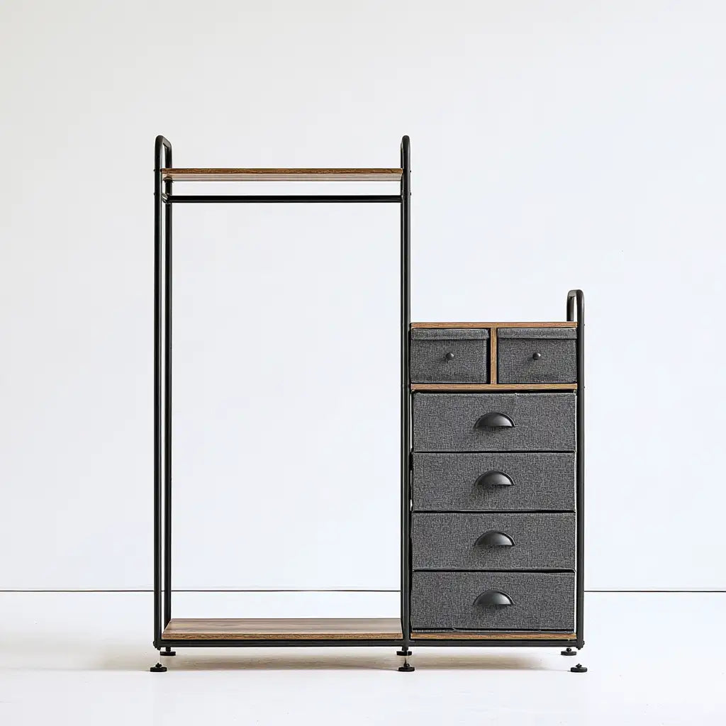 Armadio aperto con cassetti dal design essenziale, nero e grigio, per la casa